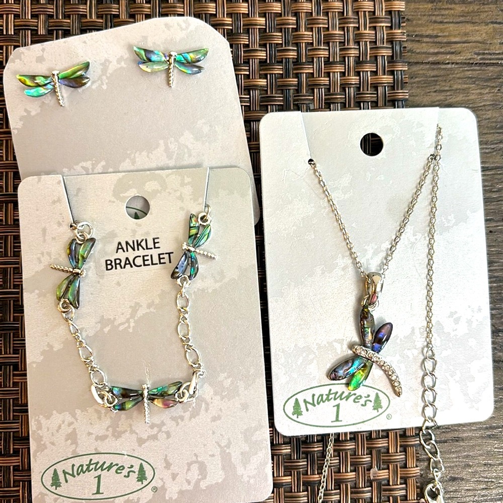 Dragonfly Jewelry Set with Earrings, Anklet and Necklace